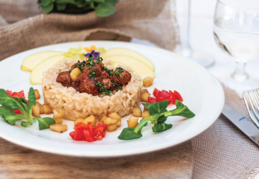 RISOTTO CON POLPETTINE DI CARNE SALADA ROSA DEL GARDA, MELE TRENTINE E ACETO BALSAMICO DI MELE (con sugo di carne)